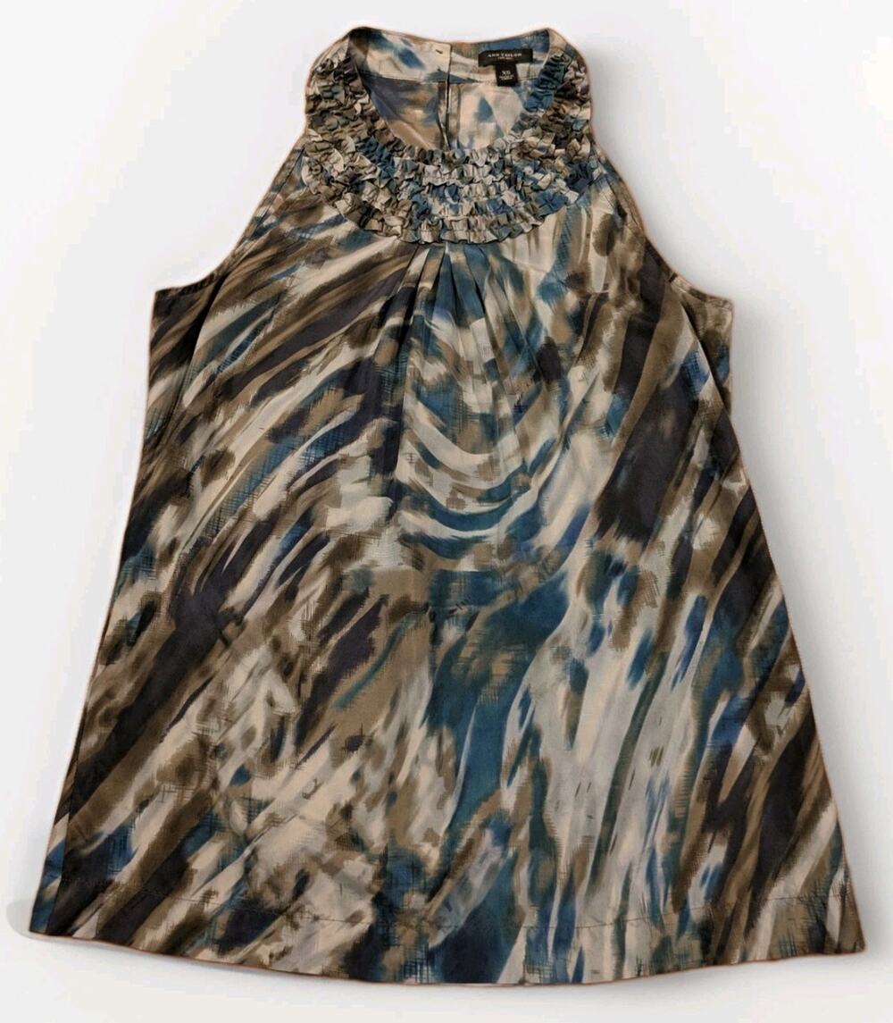 Ann Taylor Womens XS 100% Silk Blouse Ruffle Neck Abstract Print Sleeveless